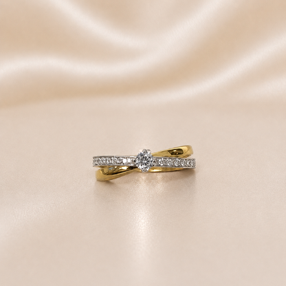 19.2K Portuguese Gold | Two Tone Round CZ Pave Twist Ring