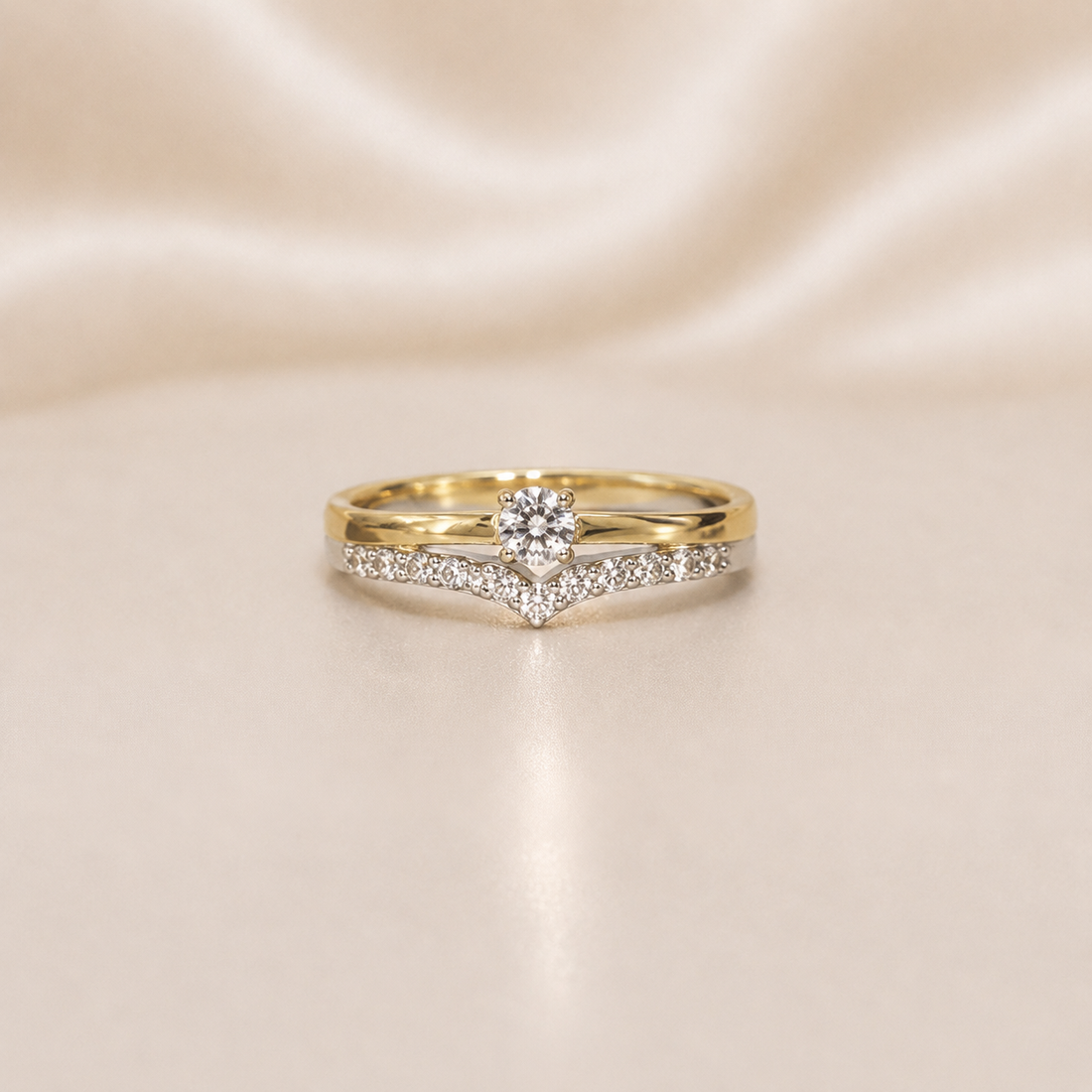 19.2K Portuguese Gold | Two Tone Round CZ Pave V Shape Ring