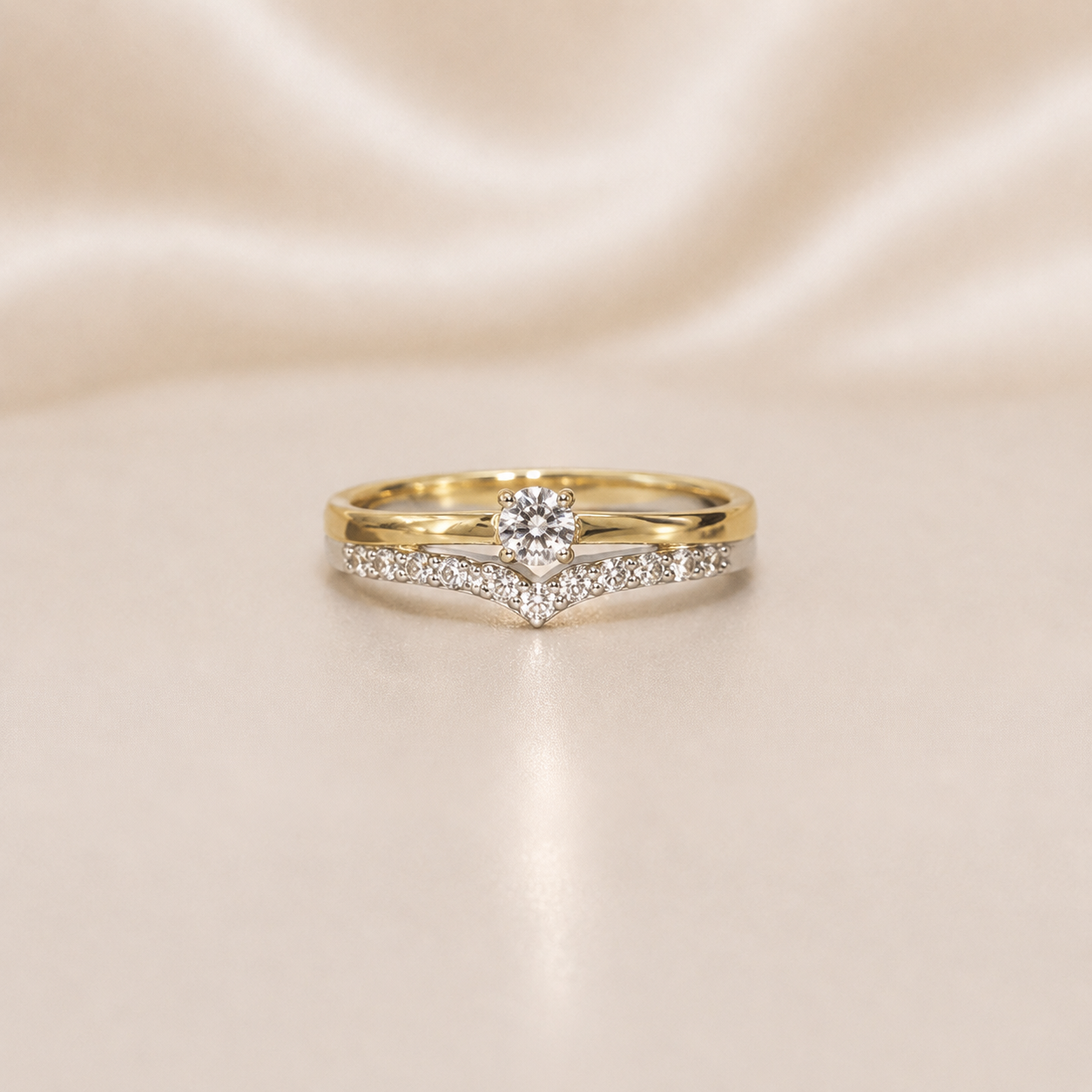 19.2K Portuguese Gold | Two Tone Round CZ Pave V Shape Ring