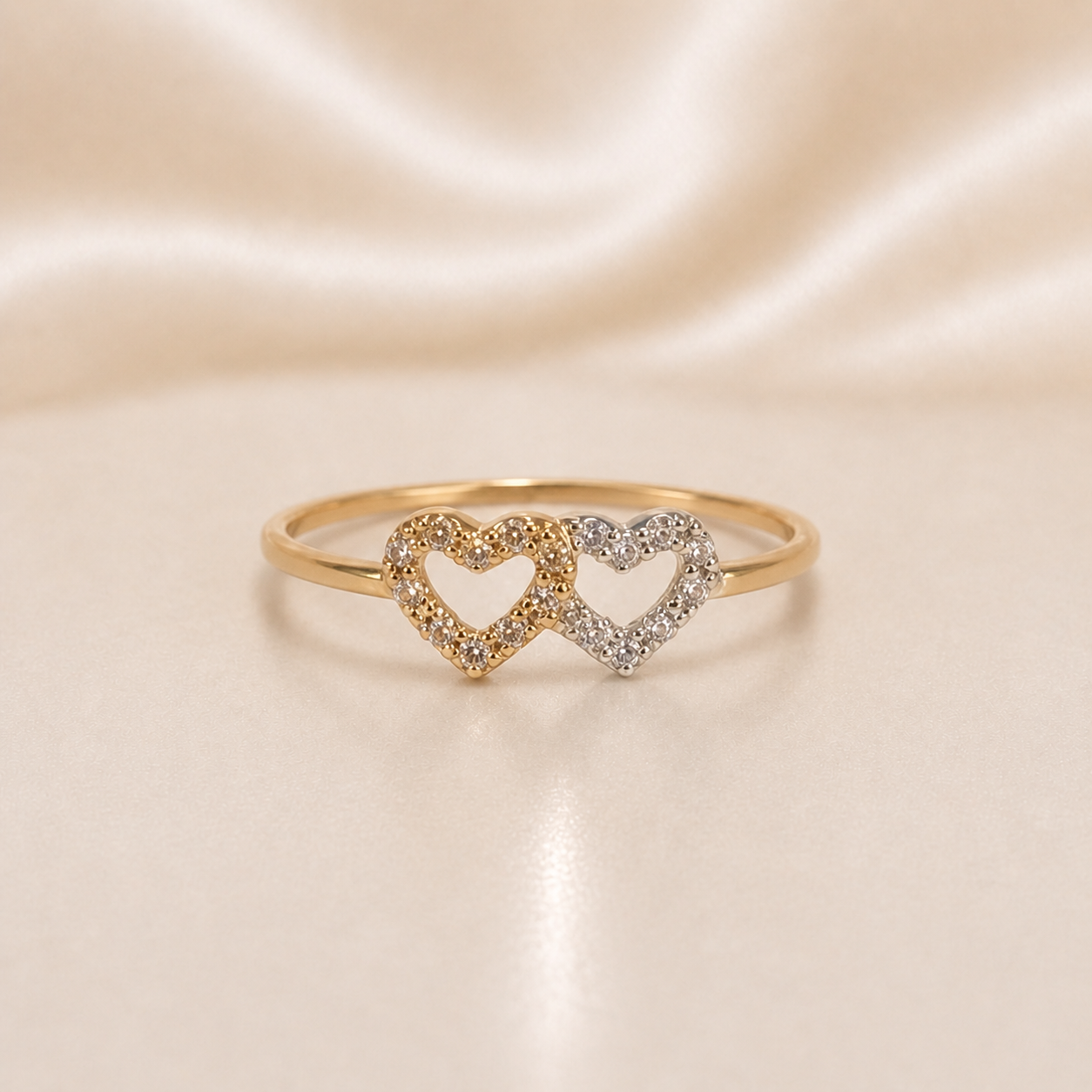 19.2K Portuguese Gold | Two Toned Double Heart CZ Ring