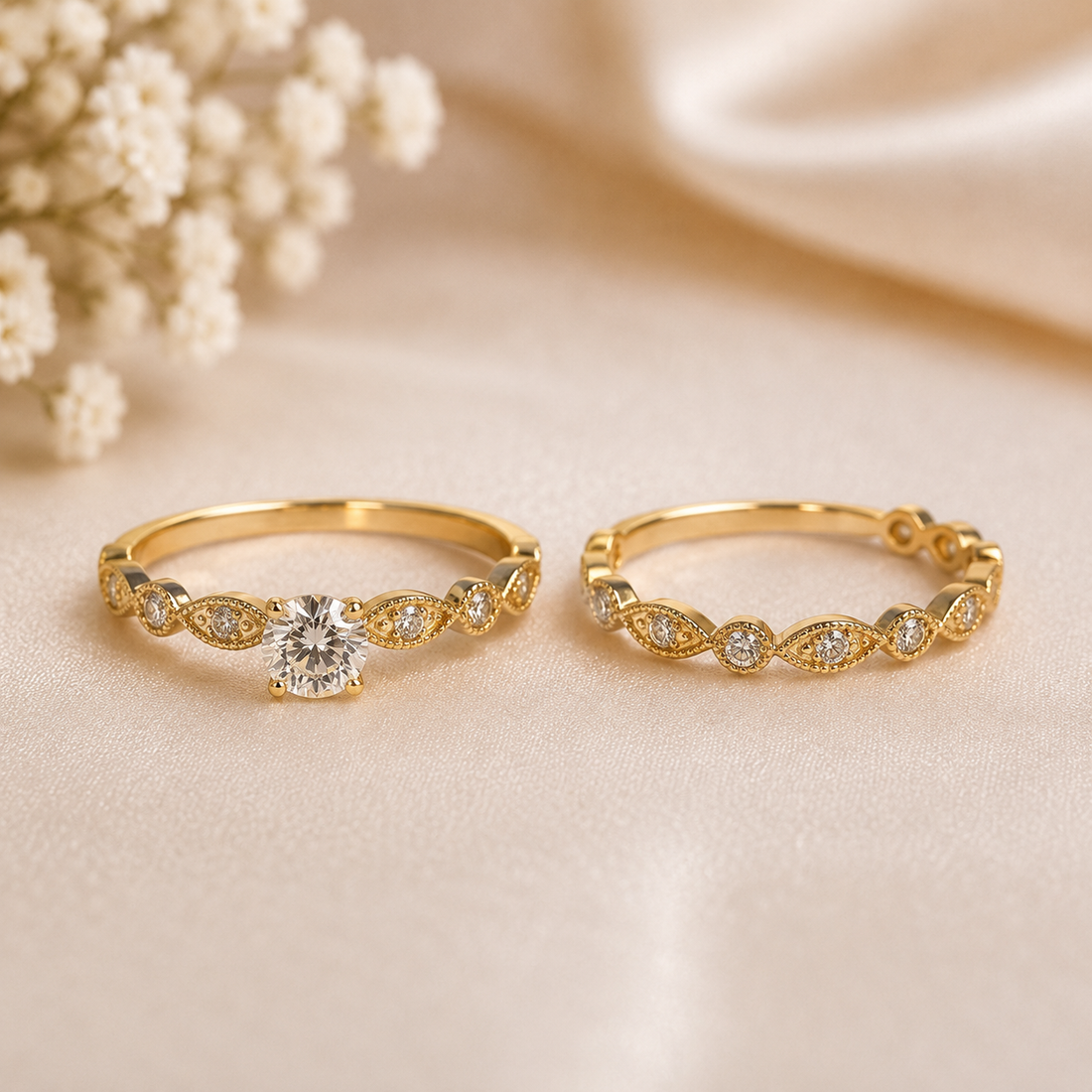 19.2K Portuguese Gold | Vintage Milgrain Marquise Engagement Ring with Wedding Band