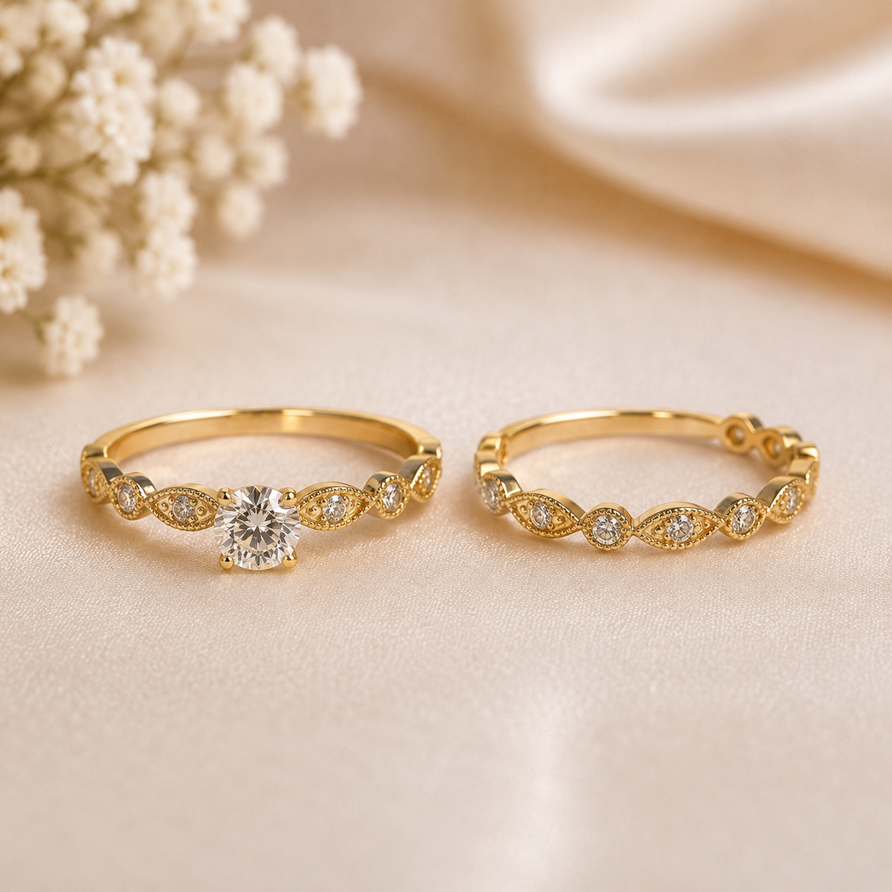 19.2K Portuguese Gold | Vintage Milgrain Marquise Engagement Ring with Wedding Band