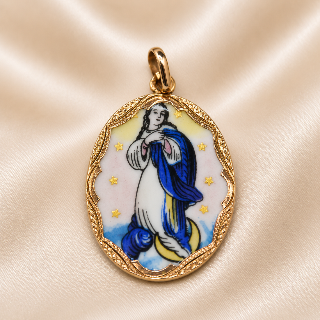 19.2K Portuguese Gold | Vintage Our Lady of the Conception Pendant Back Enamel