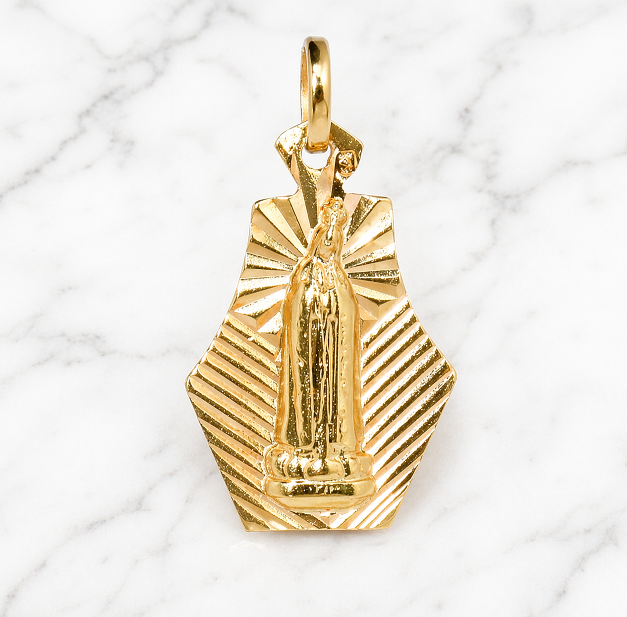 Gold pendant with a religious figure on a marble background 19.2K Portuguese Gold | Virgin Mary Charm 
