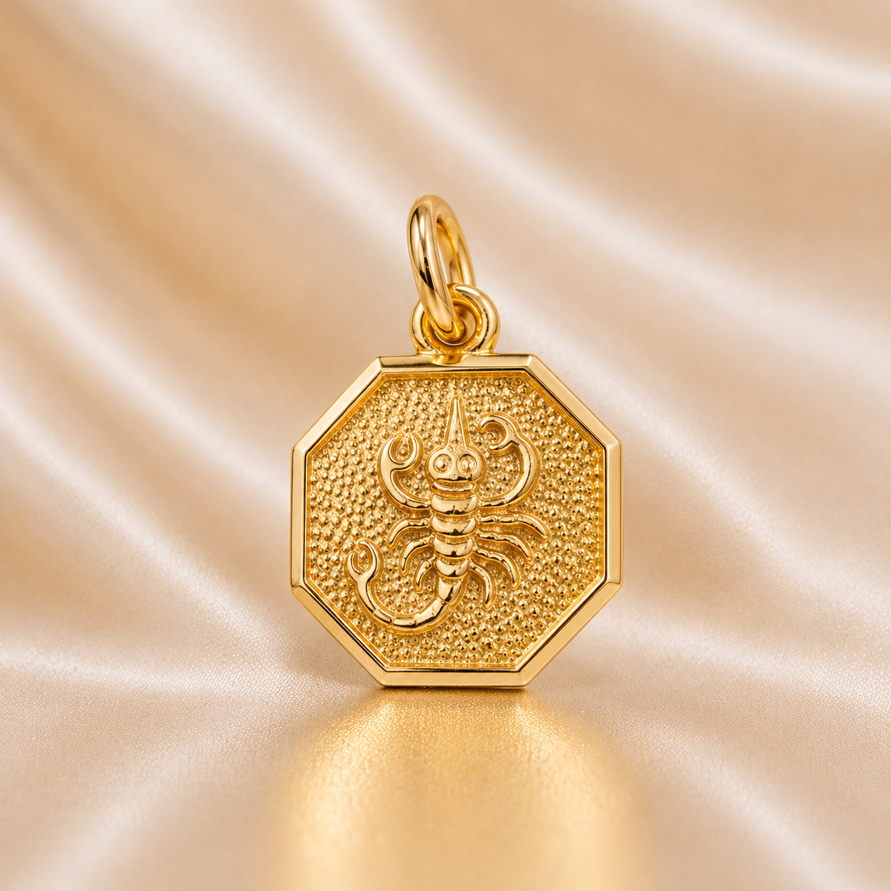 Gold lobster pendant on a satin gold background 19.2K Portuguese Gold | Octagon Zodiac Charms Scorpio