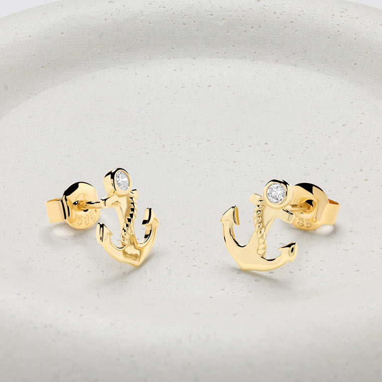 Ocean | Deep Blue 14K Gold Lab Diamond Mini Anchor Stud Earrings