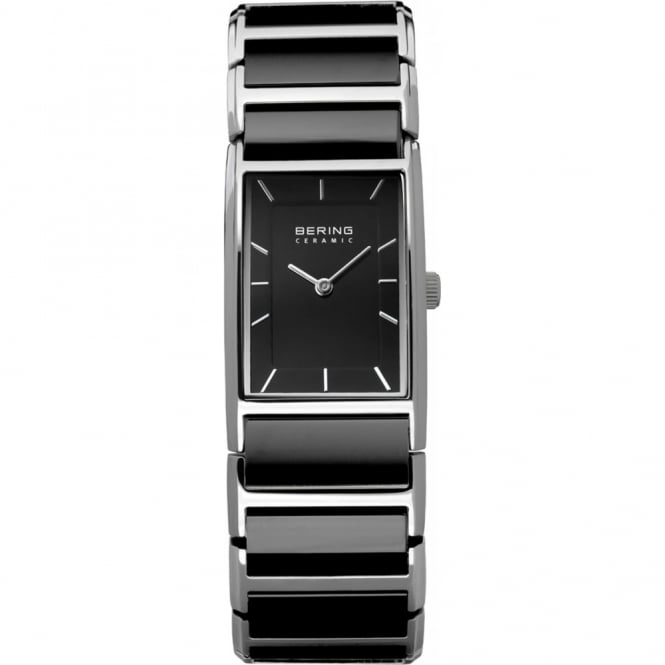 A Bering Ceramic watch with a rectangular black dial, silver-tone case, and a black-and-silver ceramic link bracelet, shown against a plain white background.