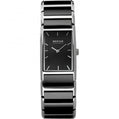 A Bering Ceramic watch with a rectangular black dial, silver-tone case, and a black-and-silver ceramic link bracelet, shown against a plain white background.