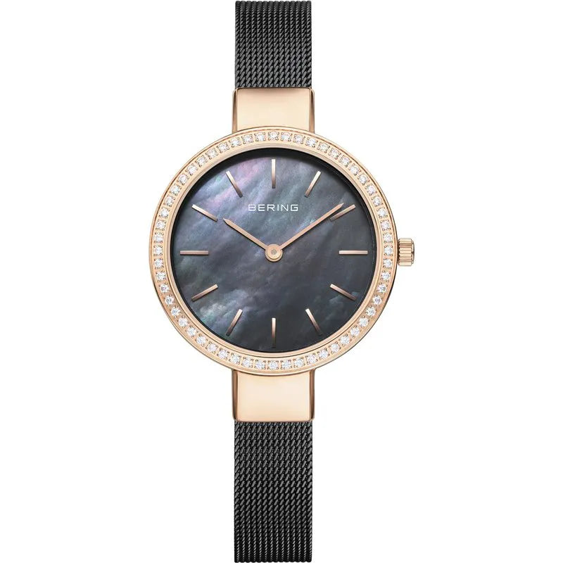Bering | Timeless Ladies Watch 16831-162 Black Mother-of-Pearl Dial with Rose Gold/Black Mesh Strap