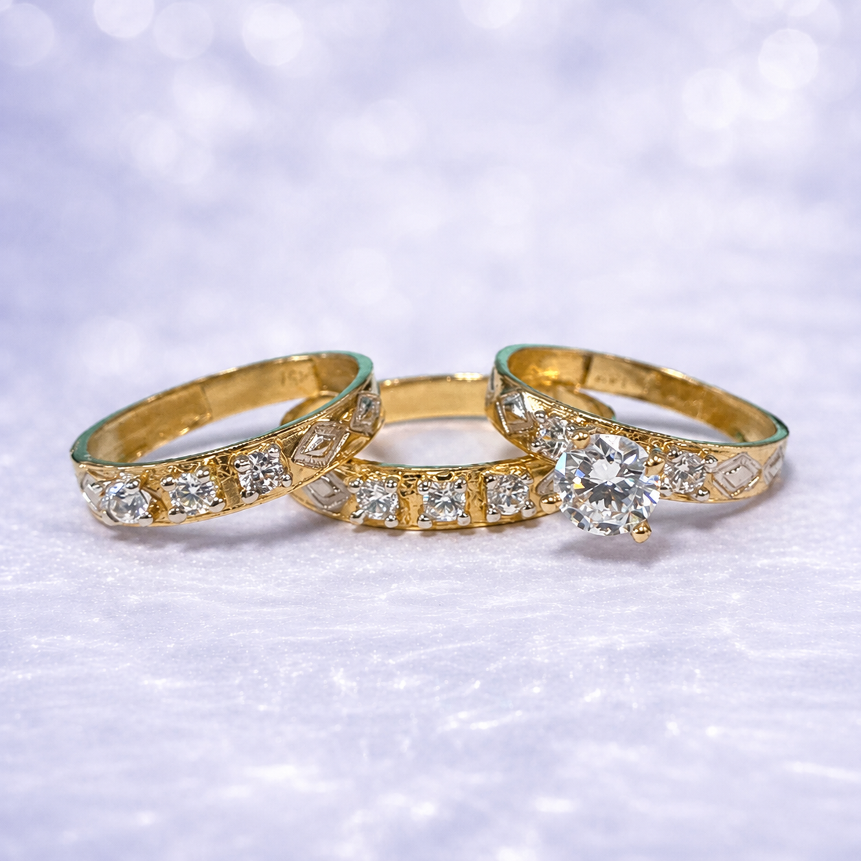 Bridal Set 14K Gold | CZ Wedding Band with Three Round Stones & Decorative Side Motifs for Men