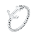 A silver-toned metal ring featuring a polished anchor charm attached to a textured, rope-like band, shown on a plain white background.