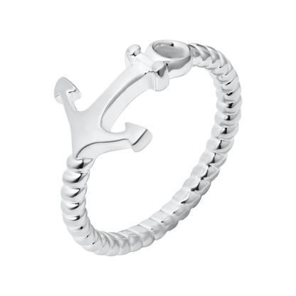 A silver-toned metal ring featuring a polished anchor charm attached to a textured, rope-like band, shown on a plain white background.