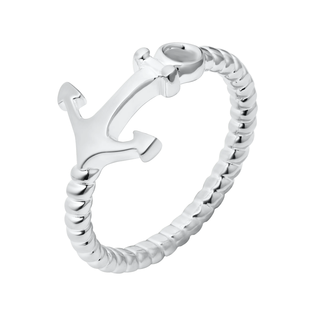A silver-toned metal ring featuring a polished anchor charm attached to a textured, rope-like band, shown on a plain white background.