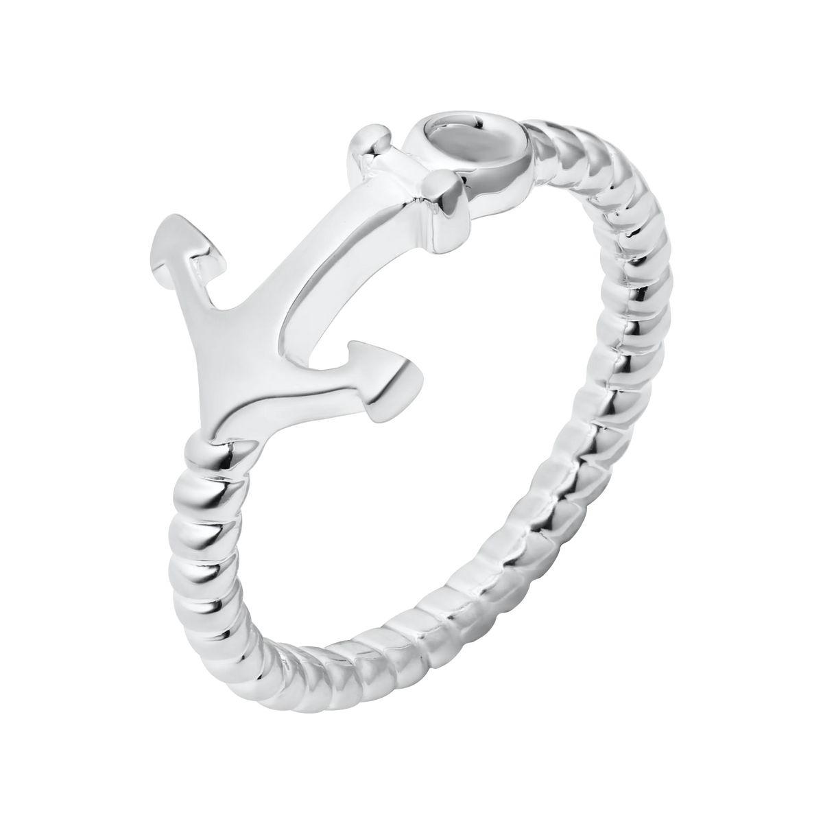 A silver-toned metal ring featuring a polished anchor charm attached to a textured, rope-like band, shown on a plain white background.