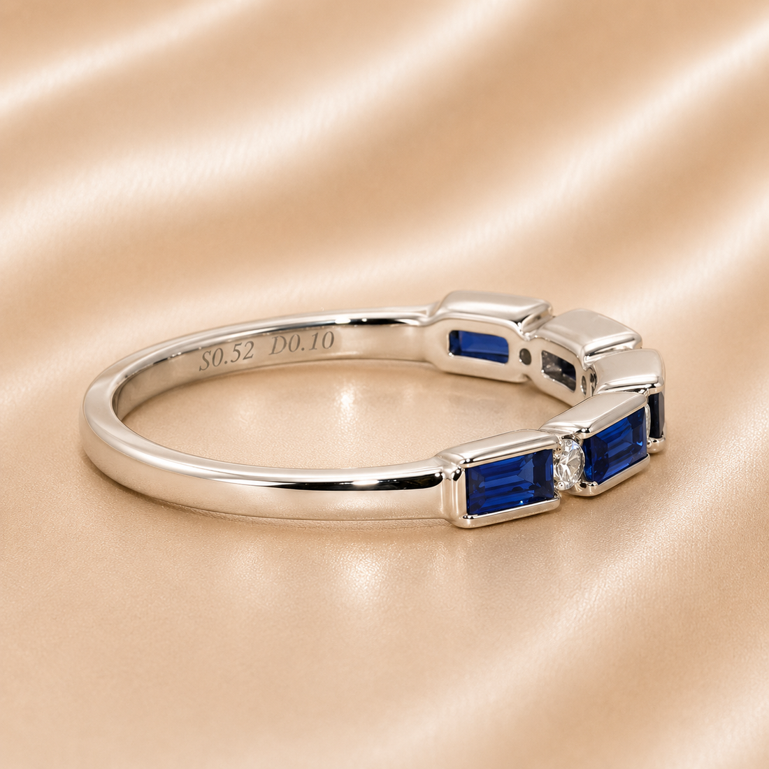 18K Gold | WG .52CT Emerald Bezel Natural Sapphire & .10CT Round Natural Diamond Band Ring