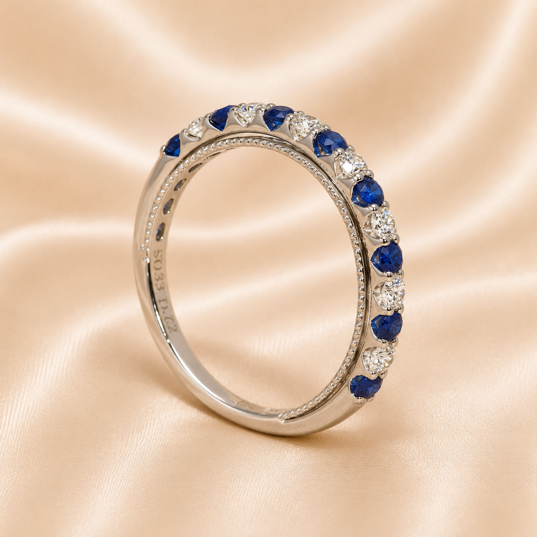 18K Gold | WG .33CT Natural Round Sapphire & .22CT Natural Round Diamond Band Ring