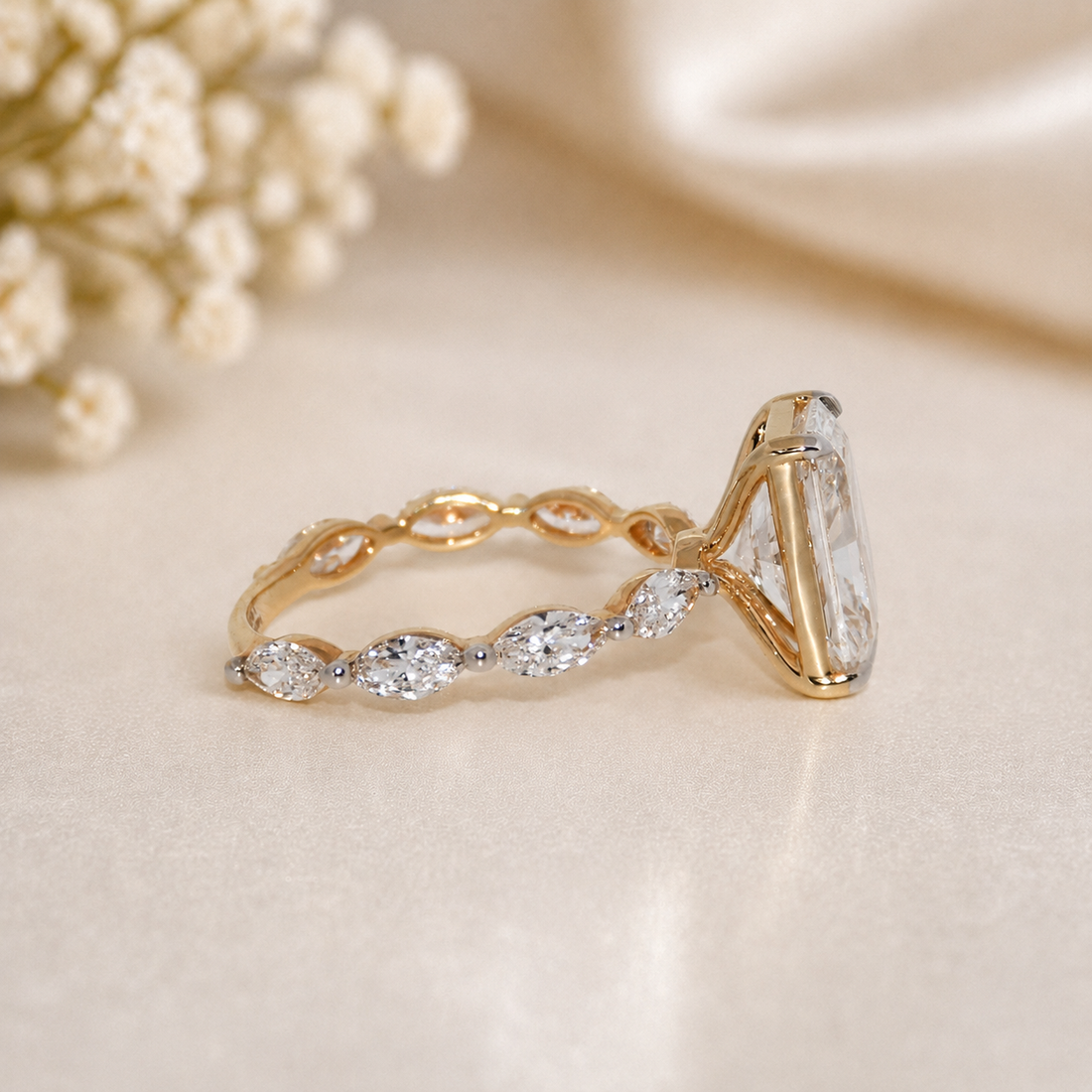 14K Gold | YG 3.04CT Radiant Lab Diamond with Marquise Side Stones Engagement Ring