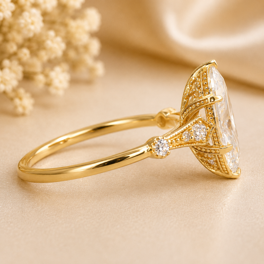 14K Gold | YG 1.70CT Marquise Lab Diamond Vintage Filigree Band Engagement Ring