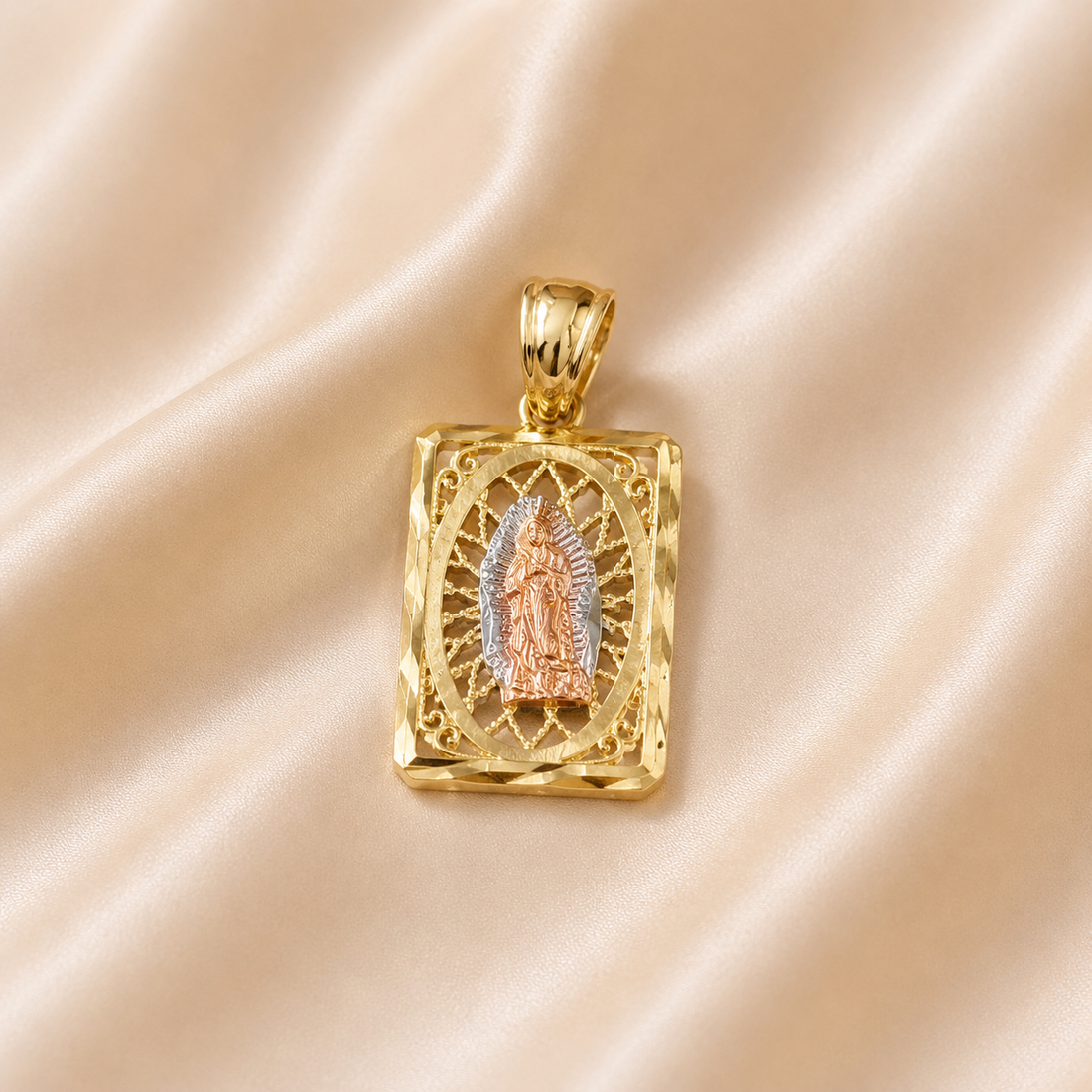 14K Gold | Square Tricolor Filigree NTRA. SRA. De Guadalupe Pendant (Virgin Mary)
