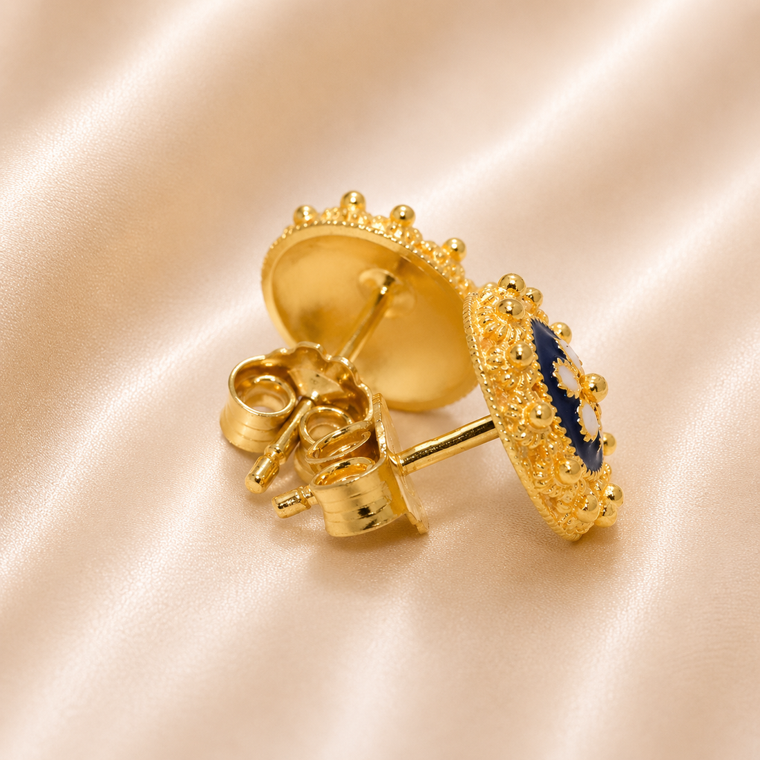 19.2K Portuguese Gold | Blue Enamel White Petal Flower Earring Studs