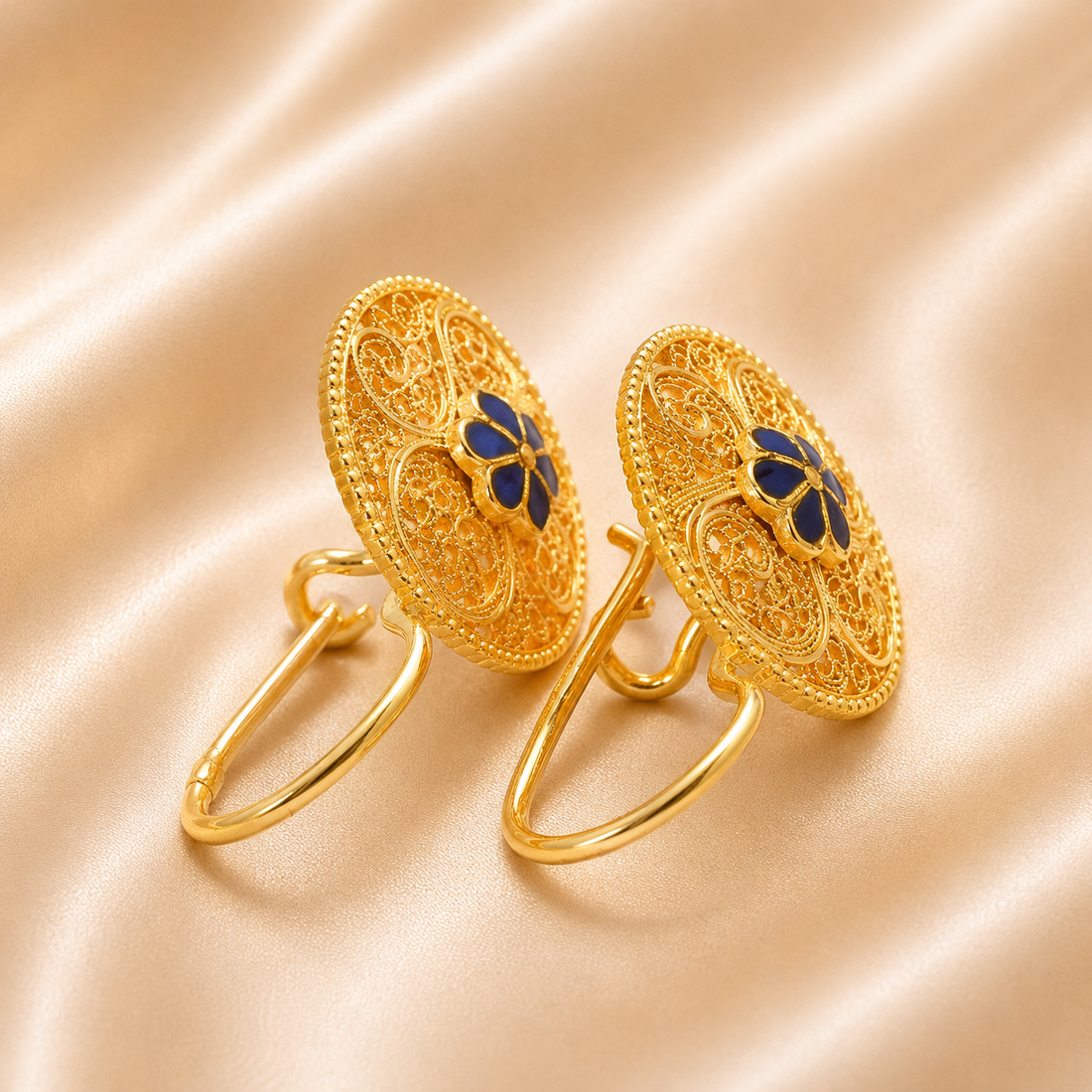 19.2K Portuguese Gold | Filigree Enamel Blue Petal Flower Dangling Earrings