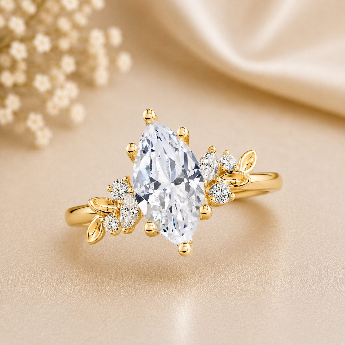 14K Gold | YG Marquise Engagement Ring (Semi-Mount) ~ 2CT with .10ct Round & .12ct Marquise Diamond Accents Ring