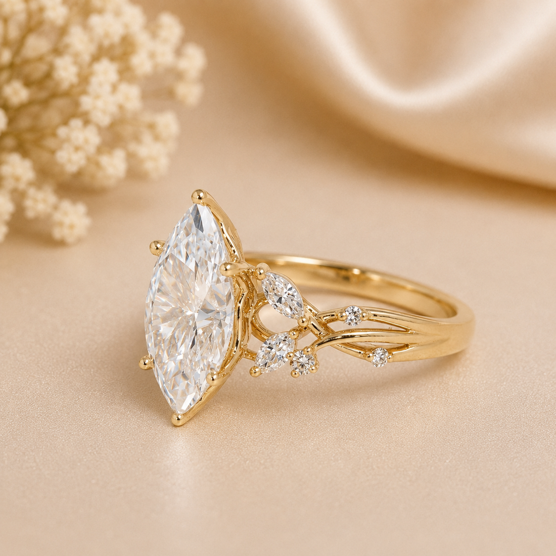14K Gold | YG Marquise Engagement Ring (Semi-Mount) – 13×6.5mm (~2.5CT) with .06ct Round & .22ct Marquise Diamond Accents