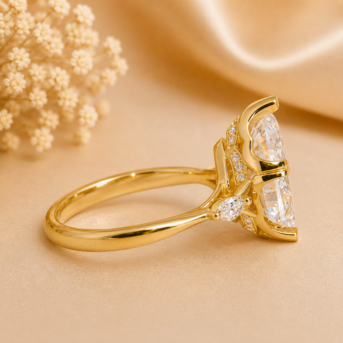 14K Gold | YG Pear Engagement Ring (Semi-Mount) – 13×8mm (~3CT) with .05ct Round Halo & .13ct Marquise Diamond Accents