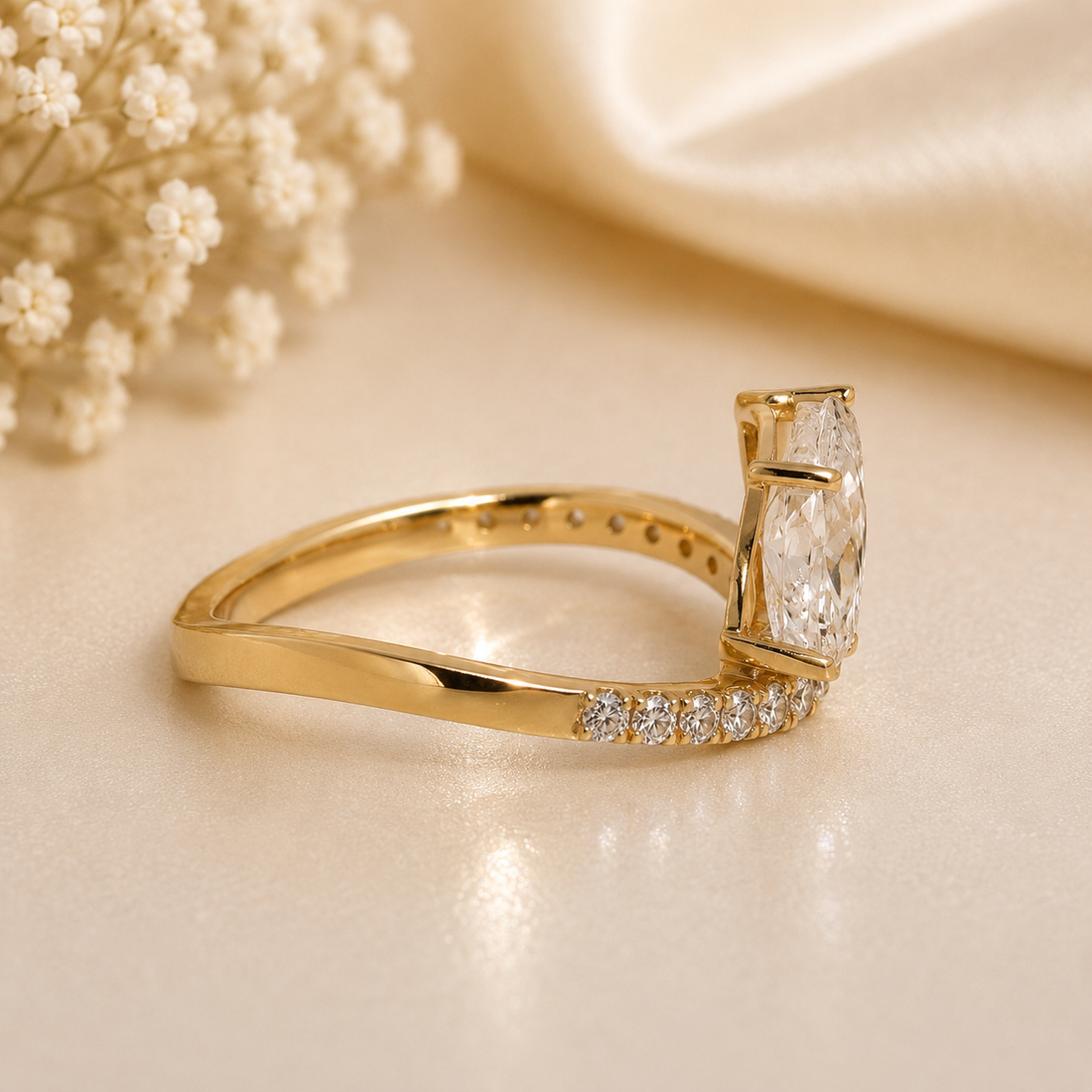 14K Gold | YG 1.028CT Pear Lab Grown Wavy Pave Offset Marquise Engagement Ring