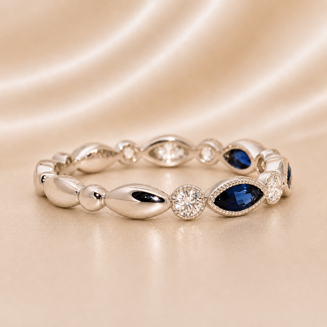 18K Gold | WG .51CT Marquise Natual Sapphire & .28CT Round Natural Diamond Band Ring