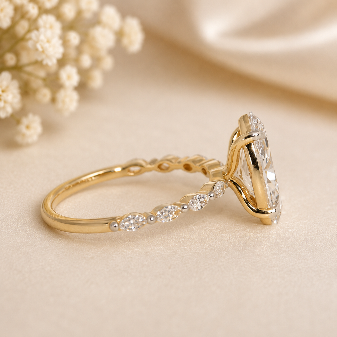 14K Gold | YG 1.85CT Marquise Lab Diamond with Accented Band Engagement Ring