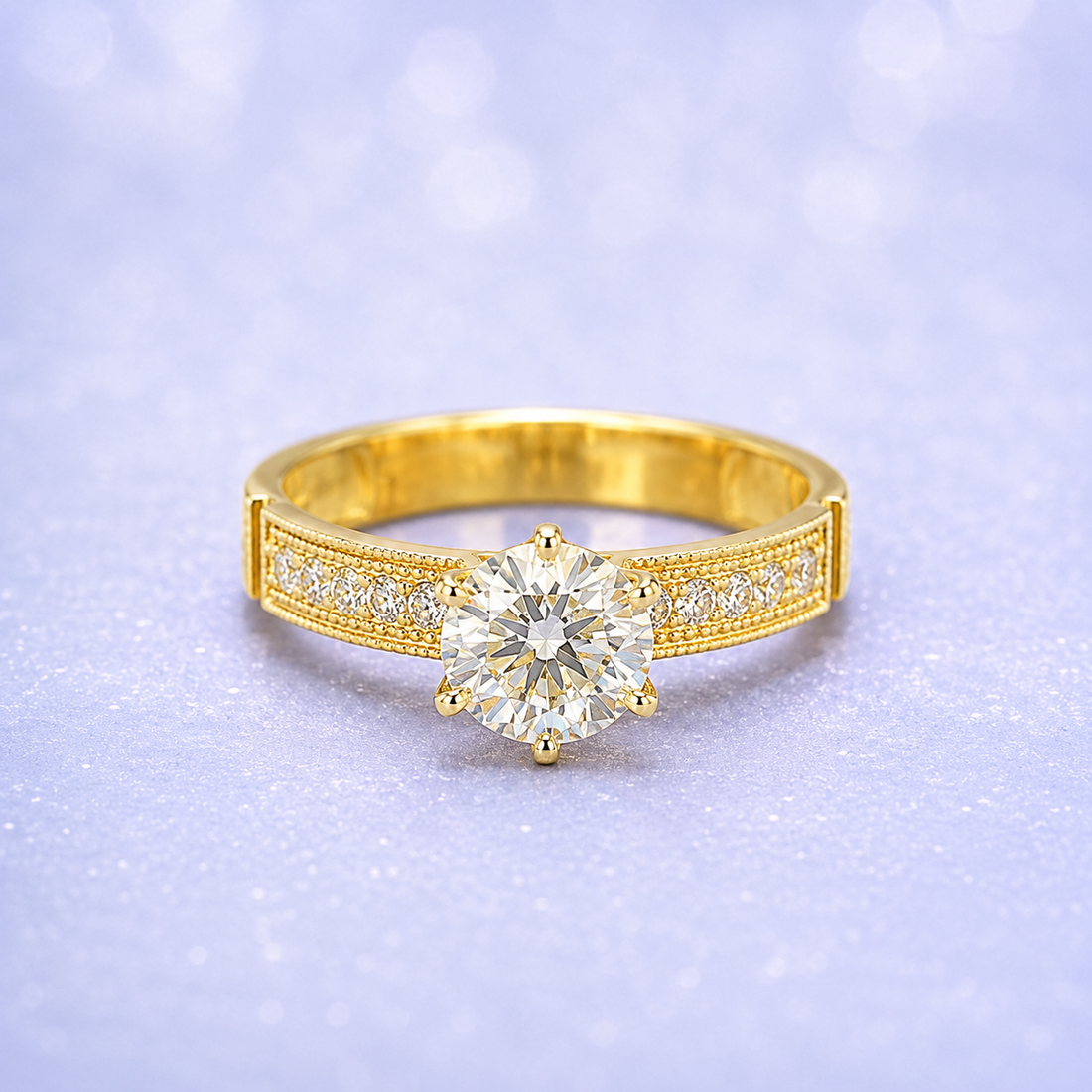 14K Gold | Round-Cut Solitaire Gold Engagement Ring with Pavé Band