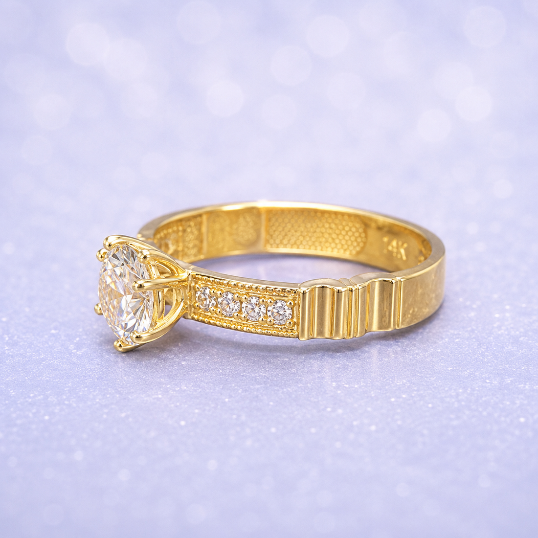 14K Gold | Round-Cut Solitaire Gold Engagement Ring with Pavé Band