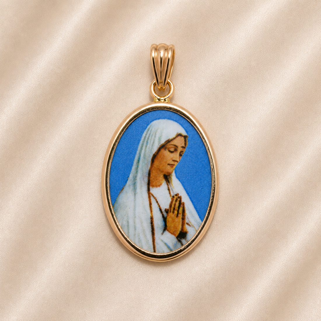 19.2K Portuguese Gold | Porcelain Bezel Virgin Mary ( Virgem Maria ) Pendant