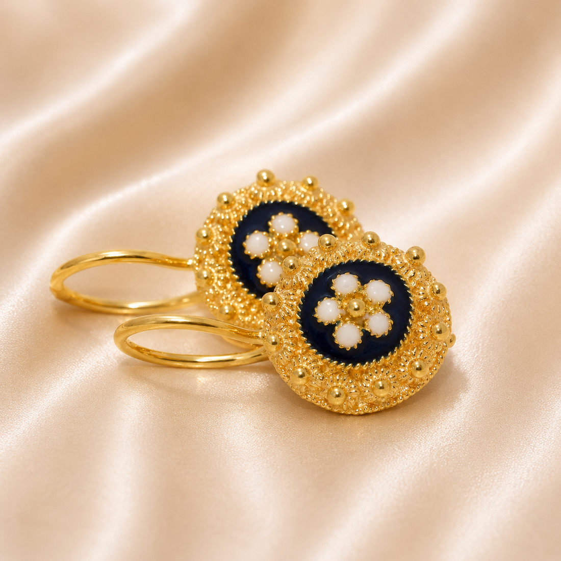 19.2K Portuguese Gold | Blue Enamel Dangling Earrings with Flower