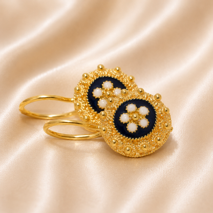 19.2K Portuguese Gold | Blue Enamel Dangling Earrings with Flower