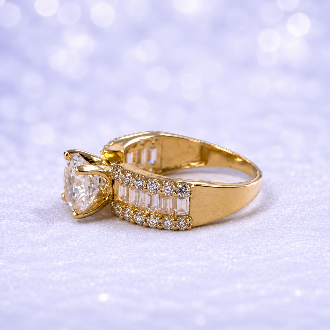 14K Gold | Wide-Band Round-Cut Engagement Ring with Baguette and Pavé Side Stones