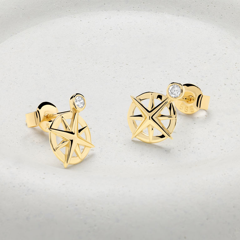 Ocean | Deep Blue 14K Gold Lab Diamond Mini Compass Stud Earrings