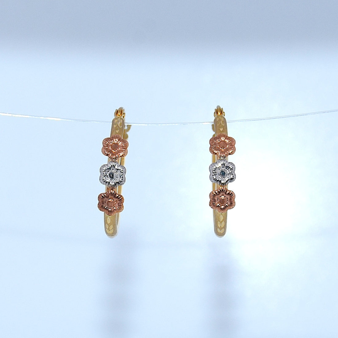 14K Gold | Tricolor Flower Hoop Earrings