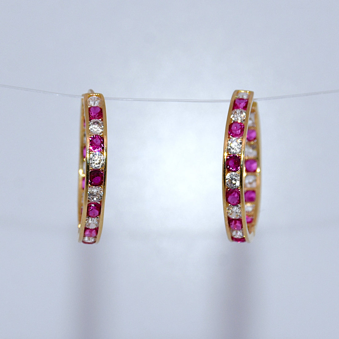 14K Gold | Magenta-White CZ Hoop Earrings