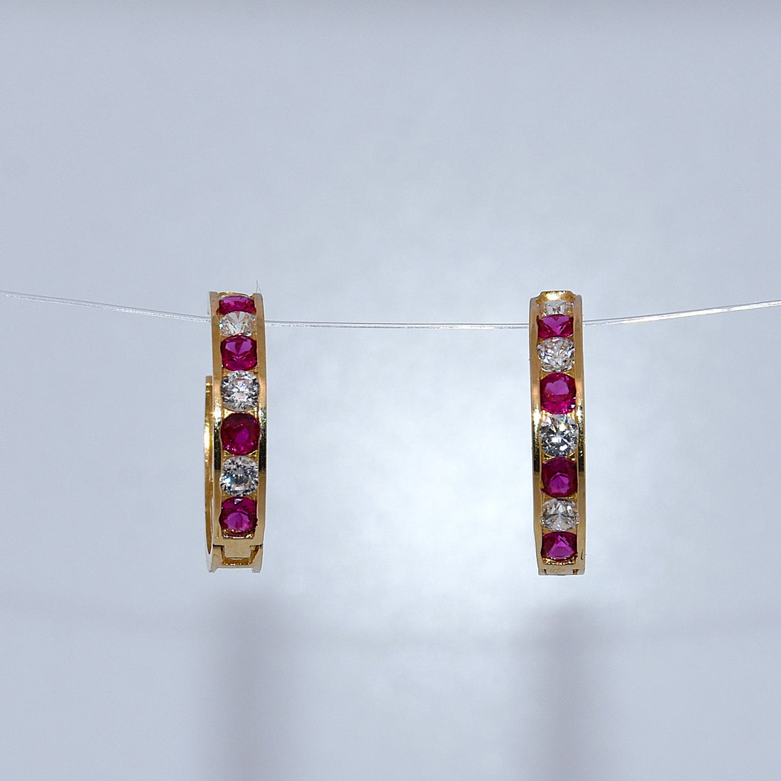 14K Gold | Magenta-White CZ Hoop Earrings