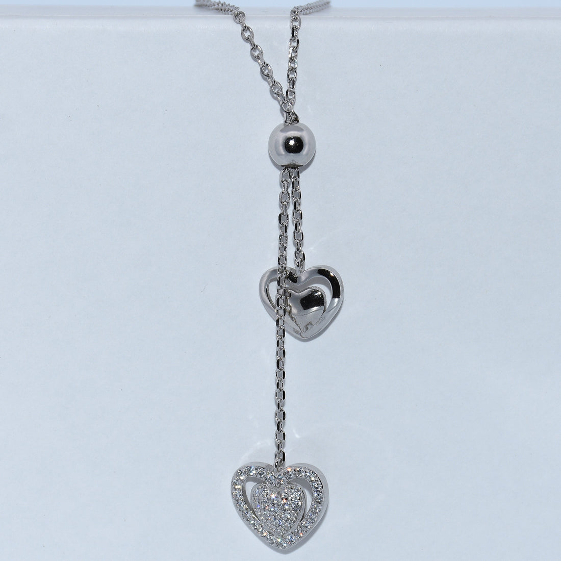 Sterling Silver | Double Heart CZ Drop Necklace