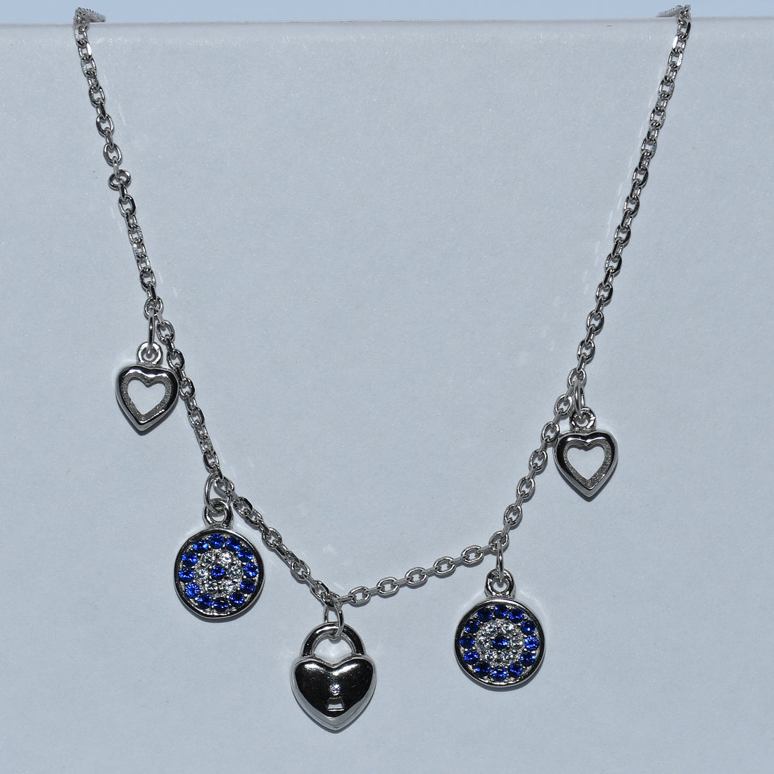 Sterling Silver Hearts & Evil Eye Charm Necklace