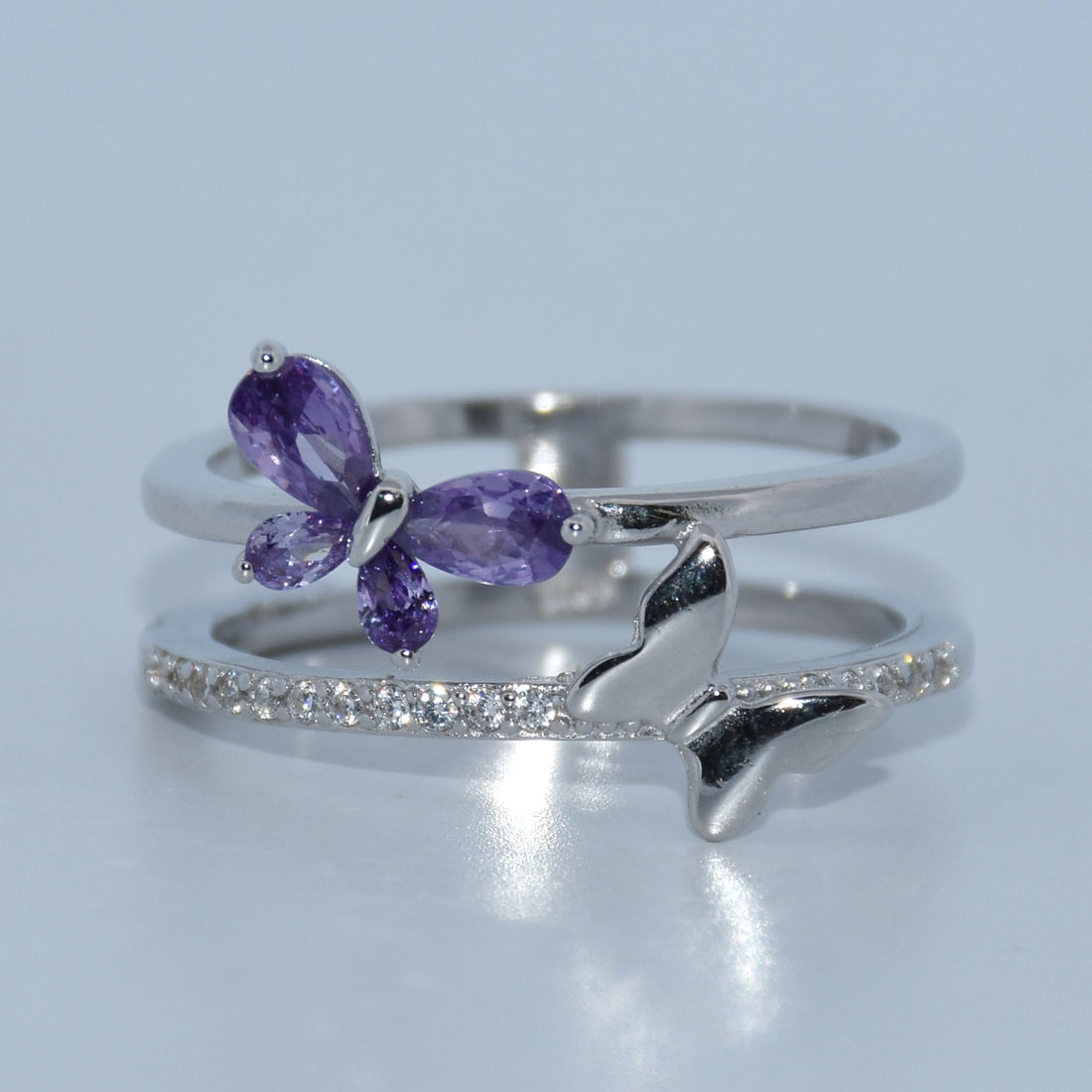 Sterling Silver | Purple Butterfly CZ Double Band Ring