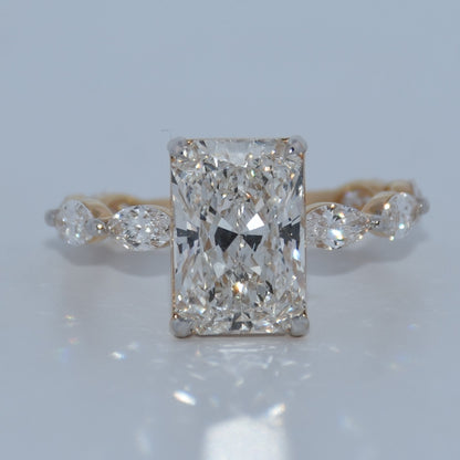14K Gold | YG 3.04CT Radiant Lab Diamond with Marquise Side Stones Engagement Ring