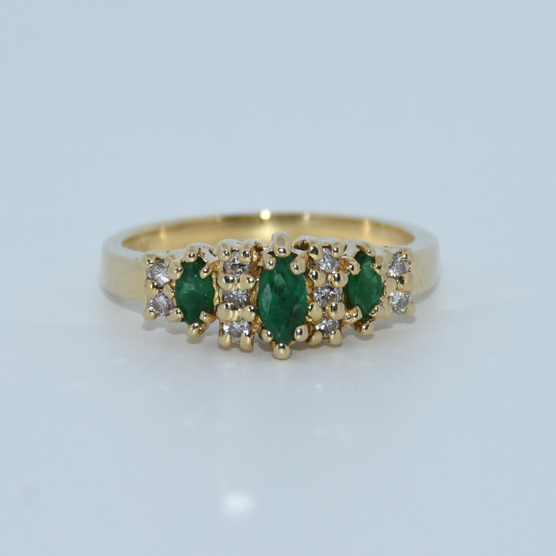 14K Gold | .32ct Marquise Natural Emerald .08ct Natural Round Diamond Ring