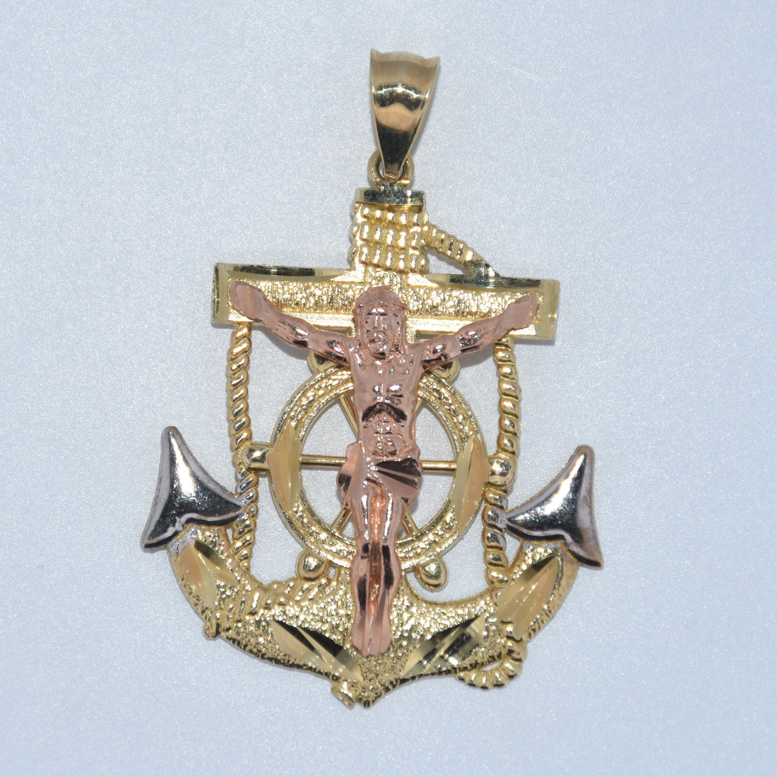 14K Gold | Large Tricolor Jesus on Anchor Pendant