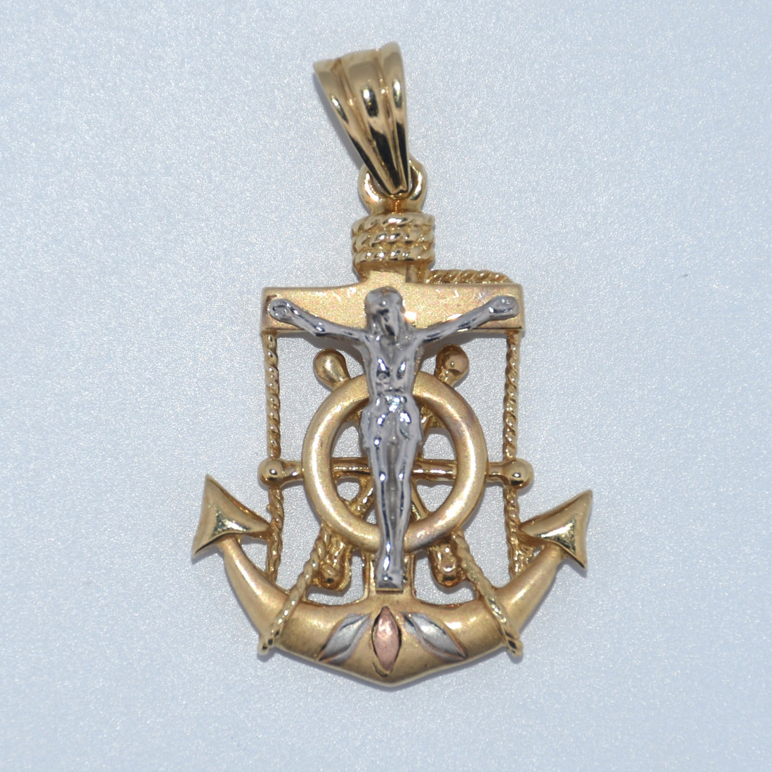 14K Gold | Medium Two Tone Jesus on Anchor Pendant