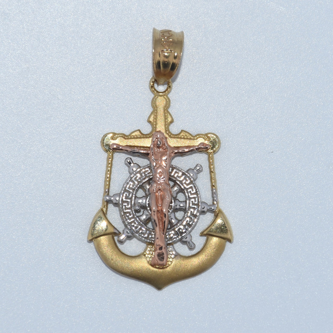 14K Gold | Small Tricolor Jesus on Anchor Pendant