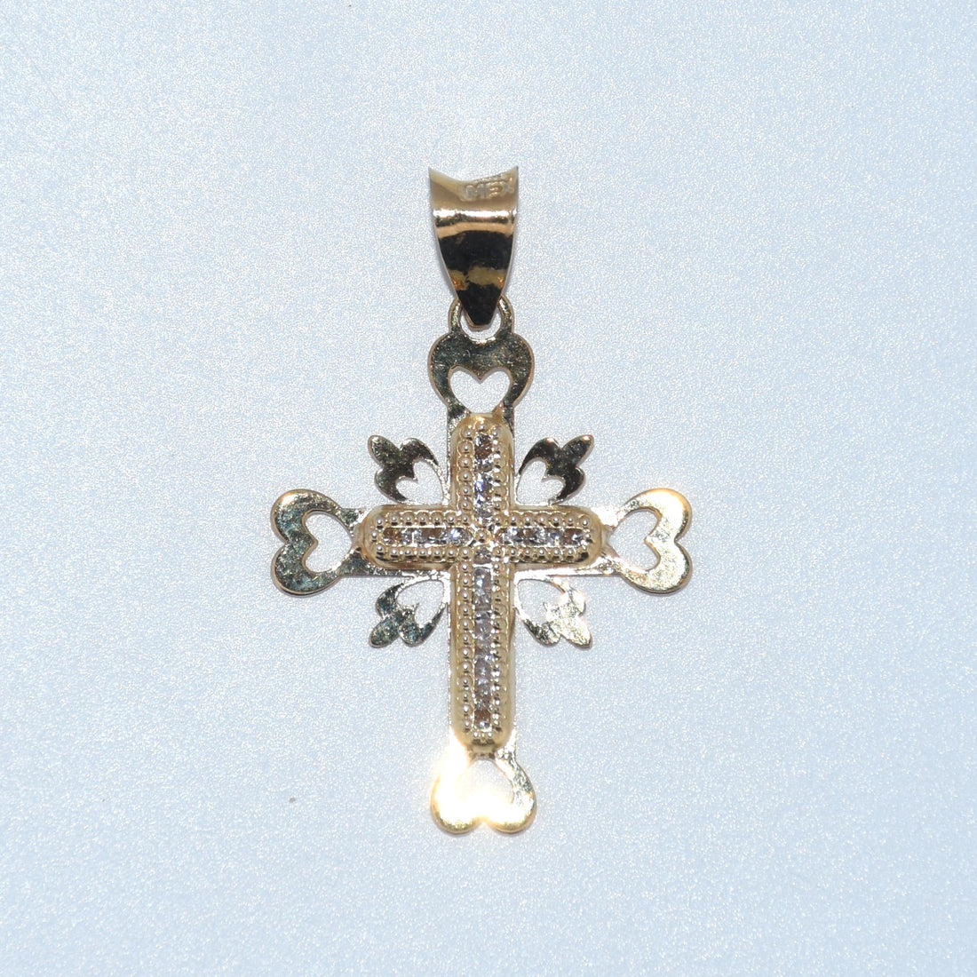 14K Gold | YG CZ Fancy Cross with Hearts Pendant